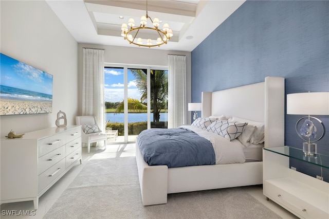 18492 Miromar Lakes Blvd W, Miromar Lakes, FL 33913 - bedroom featuring a chandelier, access to outside, a water view, and a high ceiling