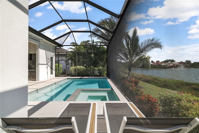 18492 Miromar Lakes Blvd W, Miromar Lakes, FL 33913 - outdoor pool featuring an in-ground hot tub, a water view, a patio, and glass enclosure