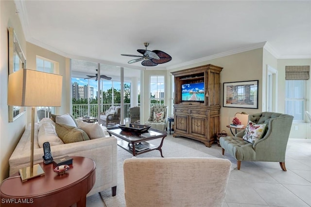 315 Dunes Blvd Unit 307, Naples, FL 34110 - living area with ornamental molding, a ceiling fan, and light tile patterned floors