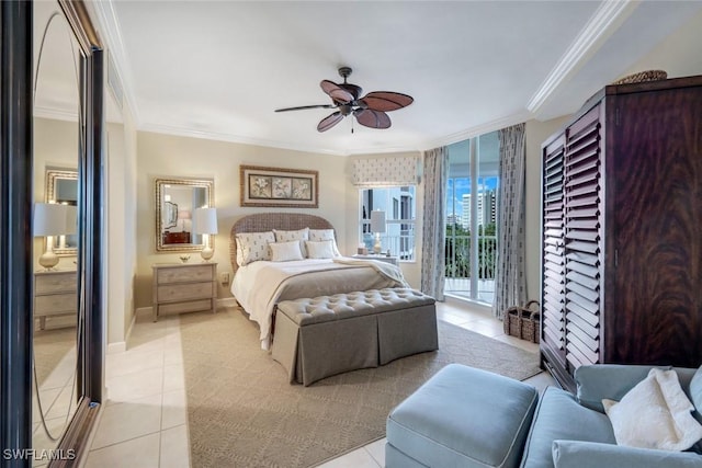 315 Dunes Blvd Unit 307, Naples, FL 34110 - bedroom with ornamental molding, access to exterior, light tile patterned floors, baseboards, and ceiling fan