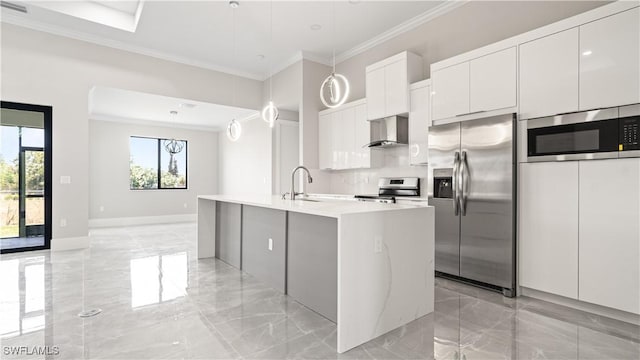212 Connecticut Rd, Lehigh Acres, FL 33936 - kitchen featuring appliances with stainless steel finishes, light marble finish flooring, crown molding, wall chimney range hood, and white cabinetry