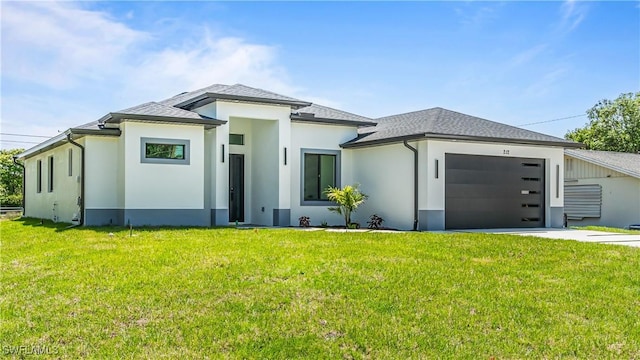 212 Connecticut Rd, Lehigh Acres, FL 33936 - prairie-style house with a garage, a front lawn, stucco siding, and driveway
