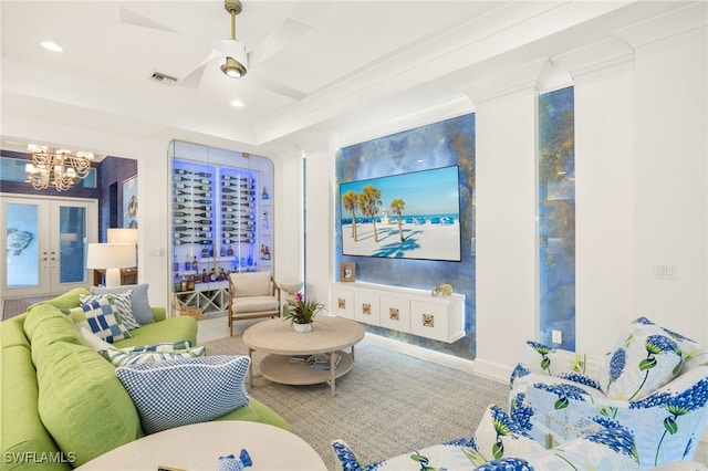 11521 Coronado Way, Naples, FL 34120 - living room with a ceiling fan, a chandelier, french doors, recessed lighting, and a raised ceiling