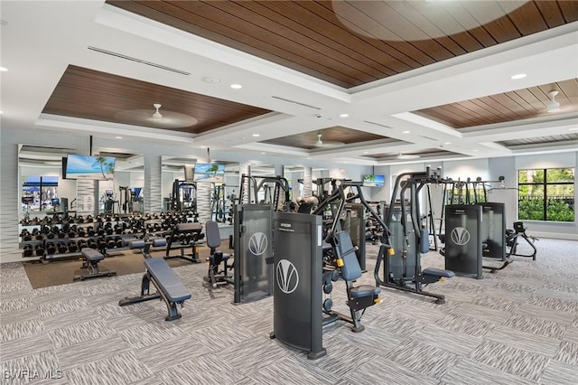 11521 Coronado Way, Naples, FL 34120 - workout area featuring carpet, a tray ceiling, and recessed lighting
