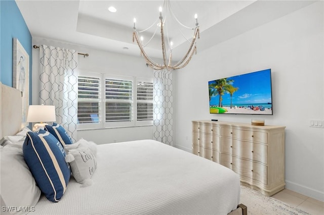 11521 Coronado Way, Naples, FL 34120 - tiled bedroom featuring a chandelier, a tray ceiling, baseboards, and recessed lighting