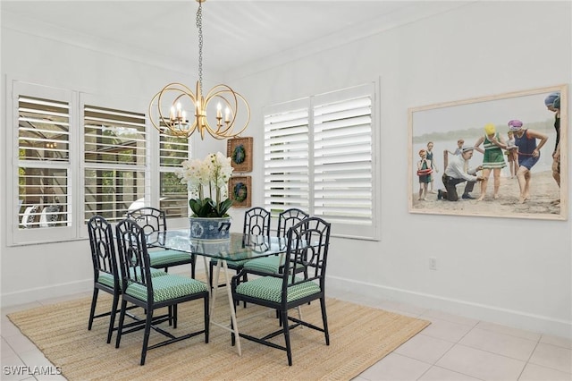 11521 Coronado Way, Naples, FL 34120 - tiled dining room featuring a chandelier, baseboards, and crown molding