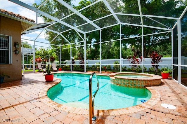 20408 Foxworth Cir, Estero, FL 33928 - view of swimming pool with a patio, a pool with connected hot tub, glass enclosure, and fence