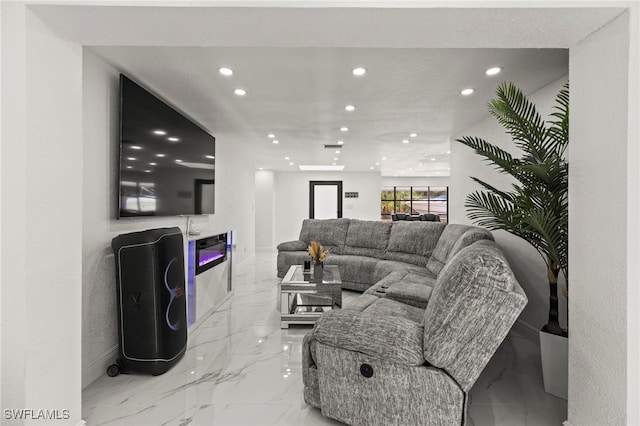 4411 Rose St, Valrico, FL 33596 - living room with recessed lighting, marble tiled floors, baseboards, and a glass covered fireplace