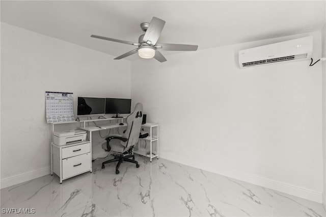 4411 Rose St, Valrico, FL 33596 - office area featuring a wall unit AC, baseboards, ceiling fan, and light marble finish flooring