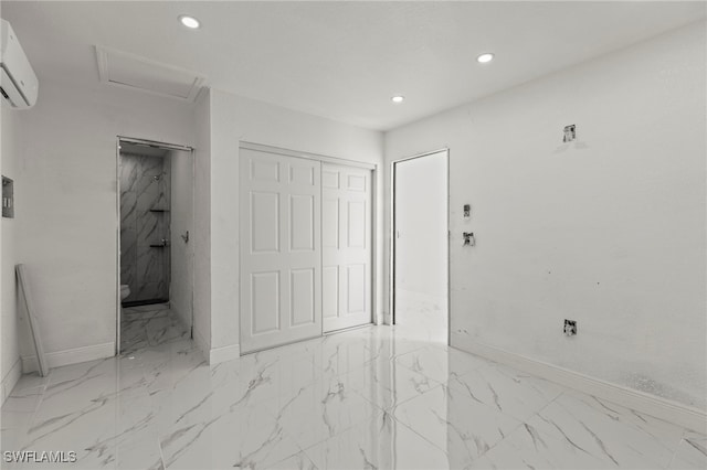 4411 Rose St, Valrico, FL 33596 - unfurnished bedroom with baseboards, marble look tiles, a wall mounted AC, attic access, and recessed lighting
