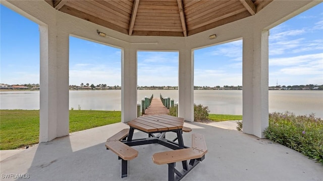 view of patio / terrace featuring a water view
