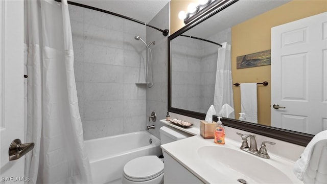 full bathroom featuring shower / bath combo with shower curtain, vanity, and toilet