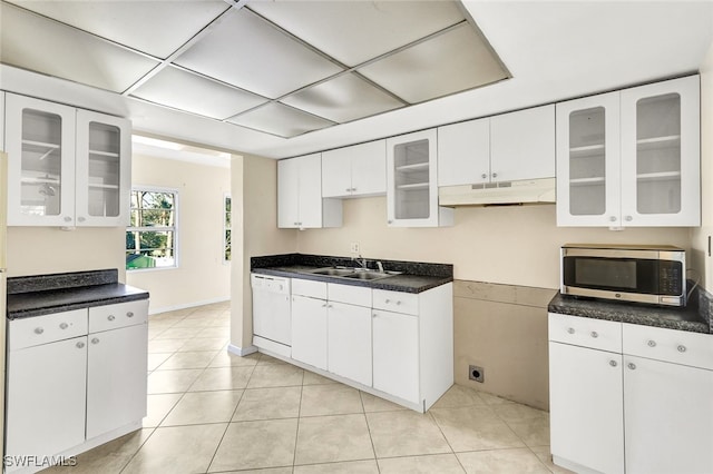 kitchen featuring under cabinet range hood, dishwasher, stainless steel microwave, a sink, and white cabinets
