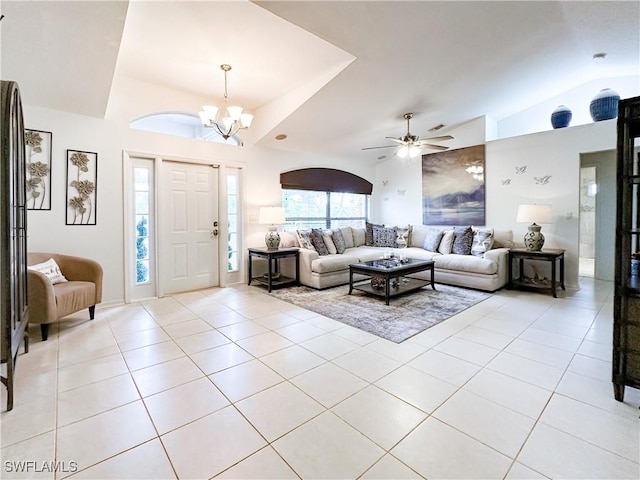3790 35th Ave NE, Naples, FL 34120 - living area with lofted ceiling, light tile patterned floors, a chandelier, and ceiling fan