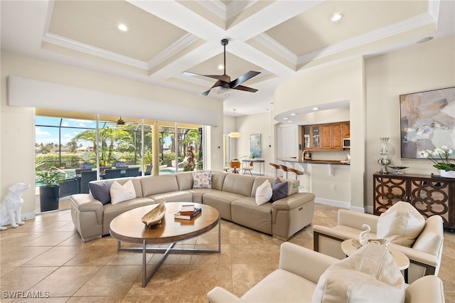 5687 Whispering Willow Way, Fort Myers, FL 33908 - living area featuring a ceiling fan, beamed ceiling, coffered ceiling, recessed lighting, and crown molding