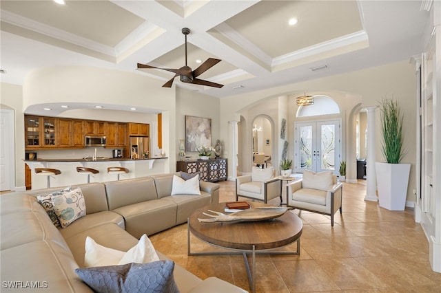5687 Whispering Willow Way, Fort Myers, FL 33908 - living area with arched walkways, coffered ceiling, recessed lighting, beam ceiling, and a ceiling fan