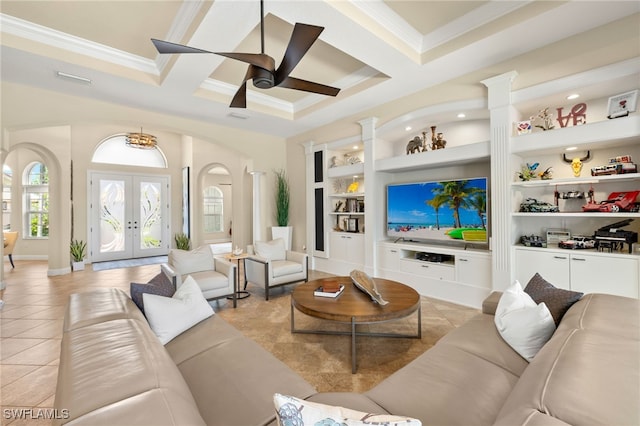 5687 Whispering Willow Way, Fort Myers, FL 33908 - living room featuring ornamental molding, coffered ceiling, built in features, a ceiling fan, and ornate columns
