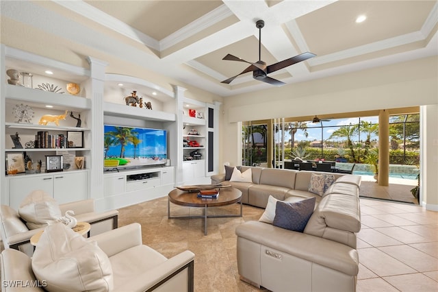 5687 Whispering Willow Way, Fort Myers, FL 33908 - living area featuring ceiling fan, crown molding, light tile patterned floors, coffered ceiling, and recessed lighting