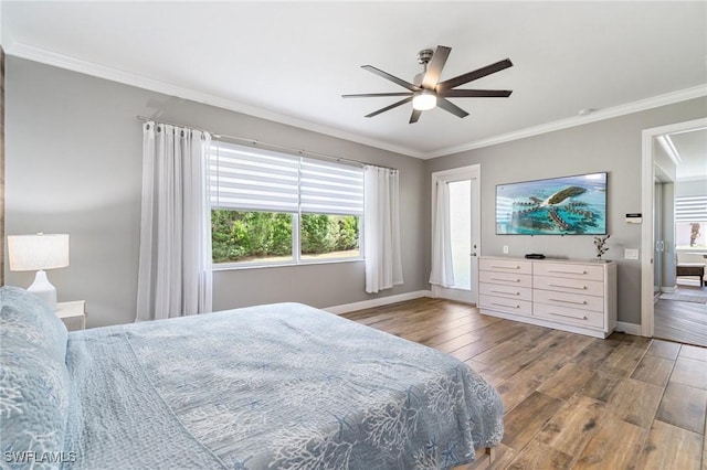 bedroom with wood finished floors, multiple windows, ornamental molding, and baseboards