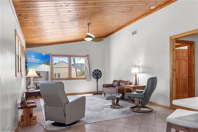 150 Pearl St, Fort Myers Beach, FL 33931 - tiled living room with wooden ceiling, baseboards, ceiling fan, and lofted ceiling