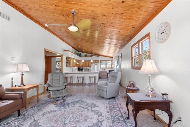 150 Pearl St, Fort Myers Beach, FL 33931 - living room featuring wooden ceiling, baseboards, light tile patterned floors, high vaulted ceiling, and a ceiling fan