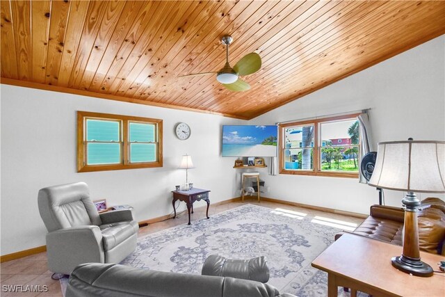 150 Pearl St, Fort Myers Beach, FL 33931 - living room featuring wood ceiling, vaulted ceiling, baseboards, a ceiling fan, and ornamental molding