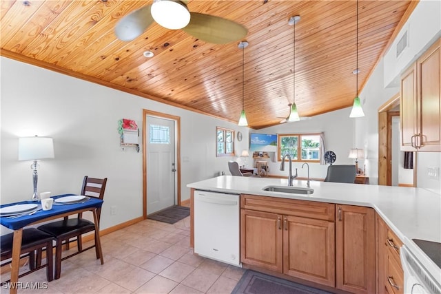 150 Pearl St, Fort Myers Beach, FL 33931 - kitchen with white dishwasher, a sink, wood ceiling, a peninsula, and pendant lighting