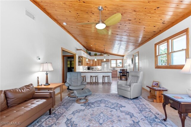 150 Pearl St, Fort Myers Beach, FL 33931 - living room featuring wooden ceiling, lofted ceiling, crown molding, light tile patterned flooring, and a ceiling fan