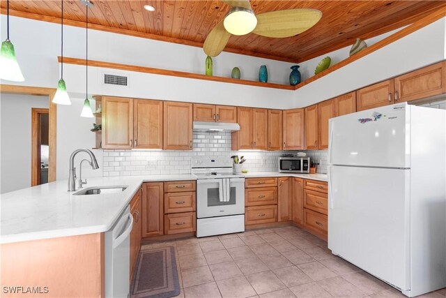 150 Pearl St, Fort Myers Beach, FL 33931 - kitchen with white appliances, a sink, wood ceiling, under cabinet range hood, and light countertops