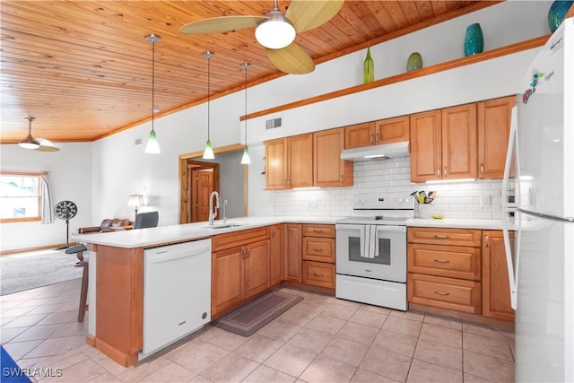 150 Pearl St, Fort Myers Beach, FL 33931 - kitchen with white appliances, ceiling fan, a sink, wooden ceiling, and light tile patterned floors