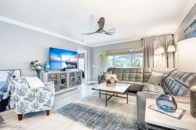 8661 Querce Ct, Naples, FL 34114 - living room with ornamental molding, ceiling fan, wood finished floors, and baseboards