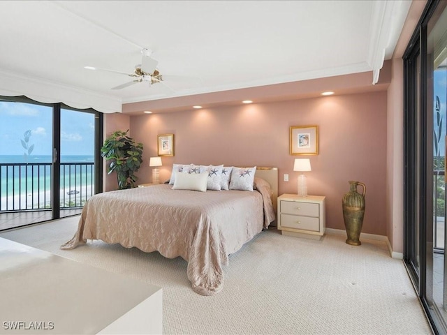 840 S Collier Blvd Unit 706, Marco Island, FL 34145 - bedroom with access to outside, light carpet, recessed lighting, ornamental molding, and a ceiling fan