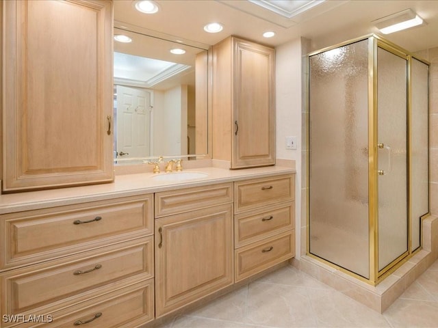 840 S Collier Blvd Unit 706, Marco Island, FL 34145 - bathroom with a stall shower, tile patterned flooring, vanity, and recessed lighting