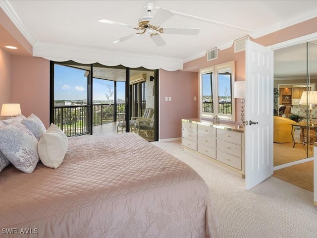 840 S Collier Blvd Unit 706, Marco Island, FL 34145 - bedroom featuring light carpet, access to outside, ornamental molding, ceiling fan, and baseboards