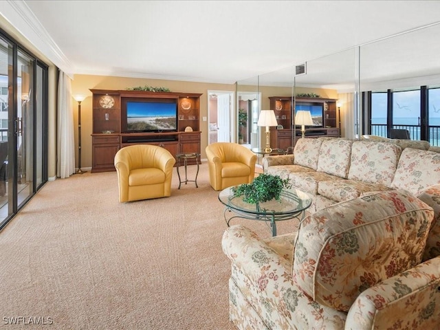 840 S Collier Blvd Unit 706, Marco Island, FL 34145 - living room featuring ornamental molding and carpet floors