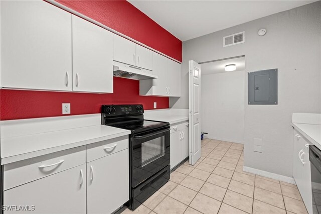27075 Matheson Ave Unit 105, Bonita Springs, FL 34135 - kitchen featuring black electric range oven, electric panel, under cabinet range hood, light countertops, and white cabinets