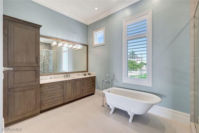 26906 Mclaughlin Blvd, Bonita Springs, FL 34134 - full bath featuring a stall shower, a freestanding tub, vanity, baseboards, and crown molding