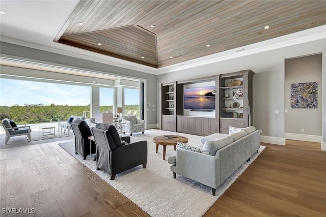 26906 Mclaughlin Blvd, Bonita Springs, FL 34134 - living room with wood ceiling, baseboards, a raised ceiling, wood finished floors, and recessed lighting