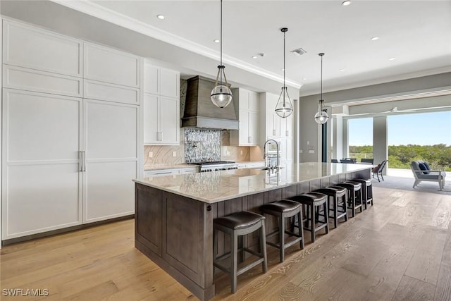 26906 Mclaughlin Blvd, Bonita Springs, FL 34134 - kitchen with custom exhaust hood, white cabinetry, crown molding, a sink, and light wood-style floors
