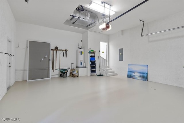 garage with electric water heater, a garage door opener, and electric panel