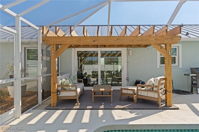 view of patio / terrace featuring outdoor lounge area, a pergola, and a wooden deck