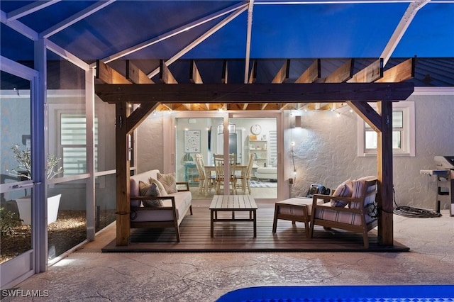 view of patio / terrace with a wooden deck, outdoor lounge area, and a pergola