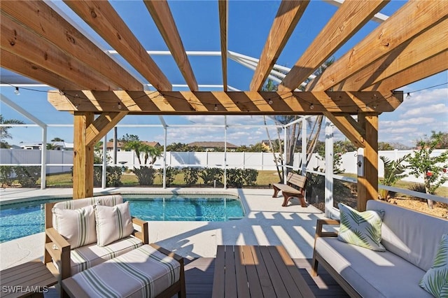 view of pool with an outdoor hangout area, a fenced backyard, a patio, and glass enclosure