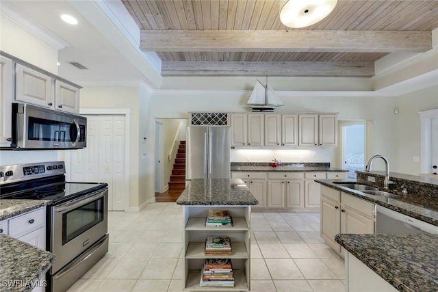 27150 Mora Rd, Bonita Springs, FL 34135 - kitchen with appliances with stainless steel finishes, open shelves, a sink, wood ceiling with exposed beams, and dark stone countertops