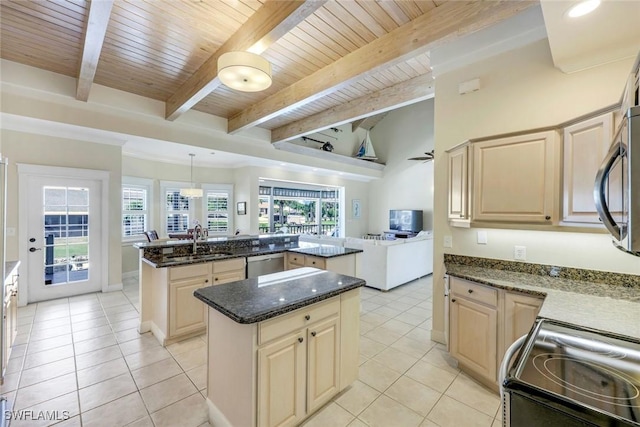 27150 Mora Rd, Bonita Springs, FL 34135 - kitchen featuring a kitchen island, black appliances, a sink, wooden ceiling, and light tile patterned flooring