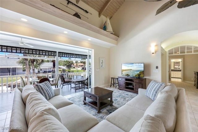 27150 Mora Rd, Bonita Springs, FL 34135 - living area featuring ceiling fan, baseboards, wooden ceiling with exposed beams, high vaulted ceiling, and recessed lighting