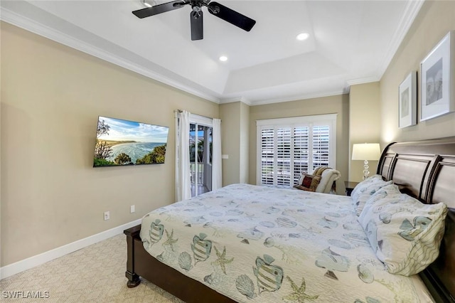 27150 Mora Rd, Bonita Springs, FL 34135 - carpeted bedroom featuring baseboards, a raised ceiling, a ceiling fan, recessed lighting, and access to exterior