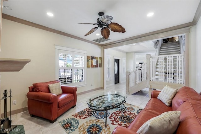 27150 Mora Rd, Bonita Springs, FL 34135 - living room with baseboards, a ceiling fan, recessed lighting, stairway, and light tile patterned floors