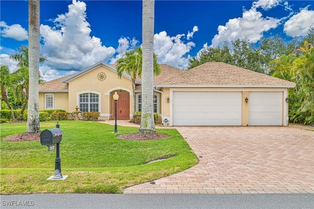 7810 Twin Eagle Ln, Fort Myers, FL 33912 - view of front of property with decorative driveway, stucco siding, a garage, and a front yard