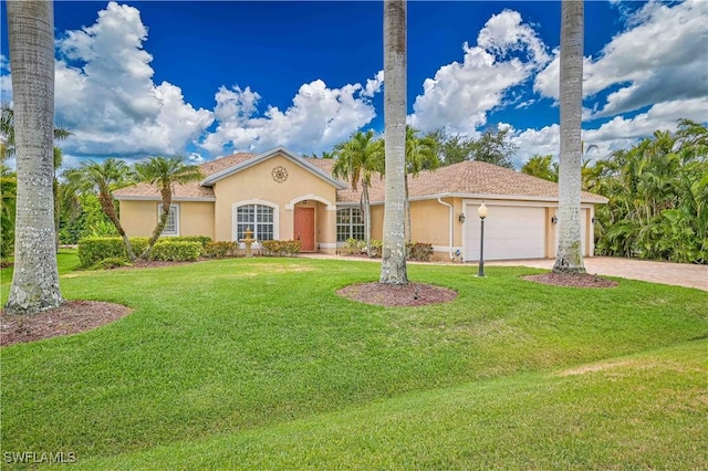 7810 Twin Eagle Ln, Fort Myers, FL 33912 - mediterranean / spanish house featuring stucco siding, driveway, a garage, and a front yard